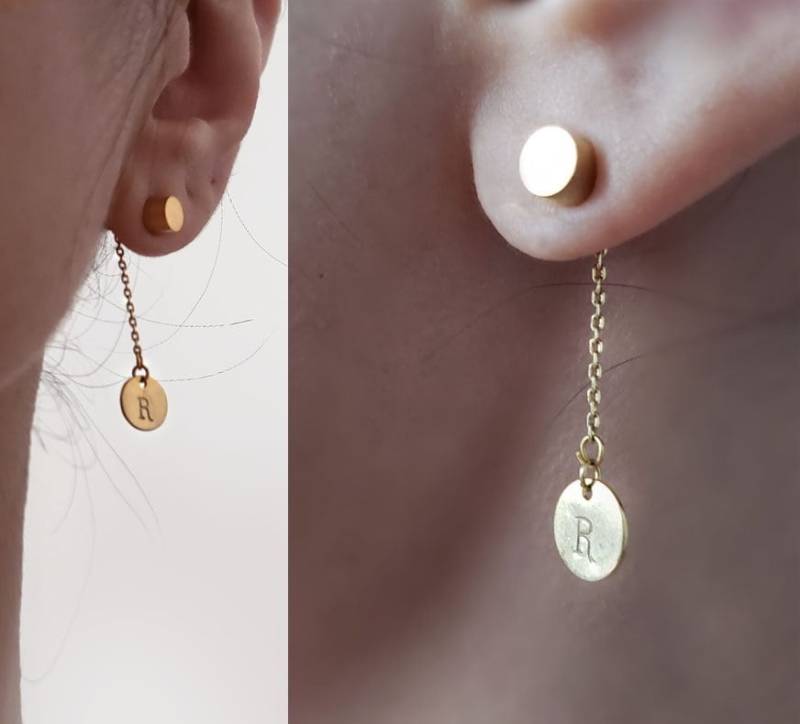 14K Gold Kette Ohrring, Initial Disc Einzigartige Münze Ohr Manschette, Hand Gestempelt Brautjungfer Geschenk, Jacke von dua770