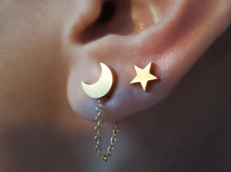 18 K Gold Mond Und Stern Ohrringe, Unwucht Ohrring, Einfädler Ohr Jacke, Brautjungfer Geschenk, Kette Jacke von dua770