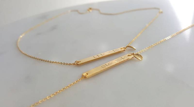 2 Set Schwester Halsketten, Lil Sis, Big Sis, Minimal Bar Halskette, Blatt Charm Halskette, Hand Gestempelt, Paar Halsketten, Familienkette von dua770