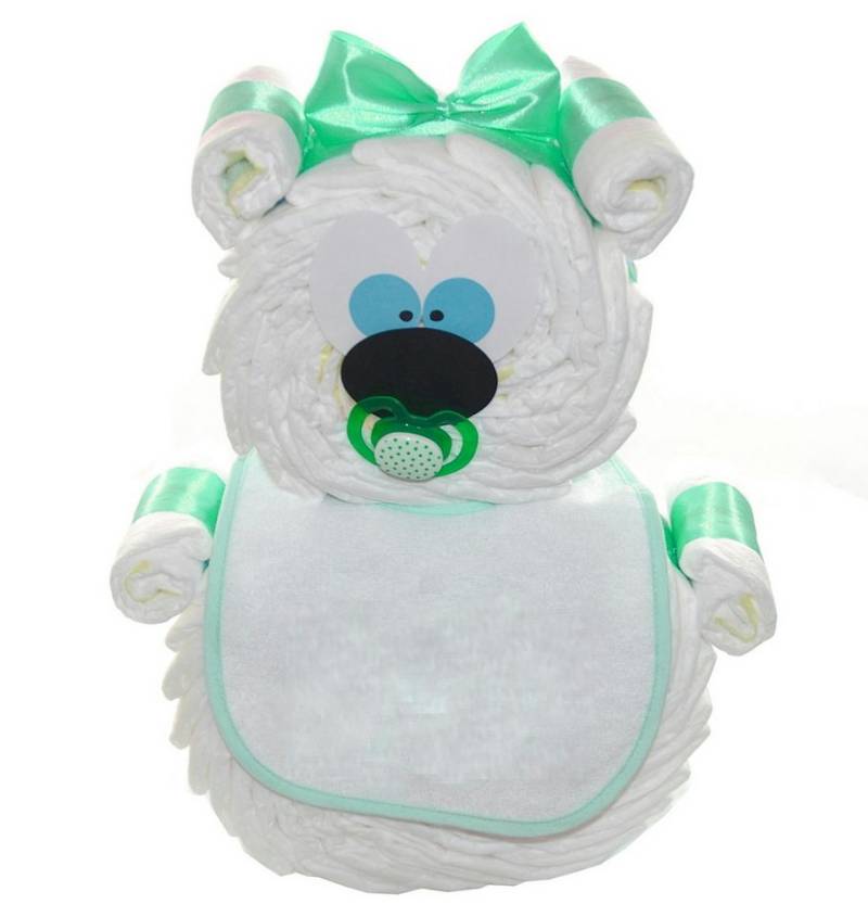 dubistda-WINDELTORTEN- Neugeborenen-Geschenkset Großer Windelbär (Windeltorte, Geschenk zur Geburt) handgefertigt, optional mit Lätzchen mit Name bedruckt von dubistda-WINDELTORTEN-