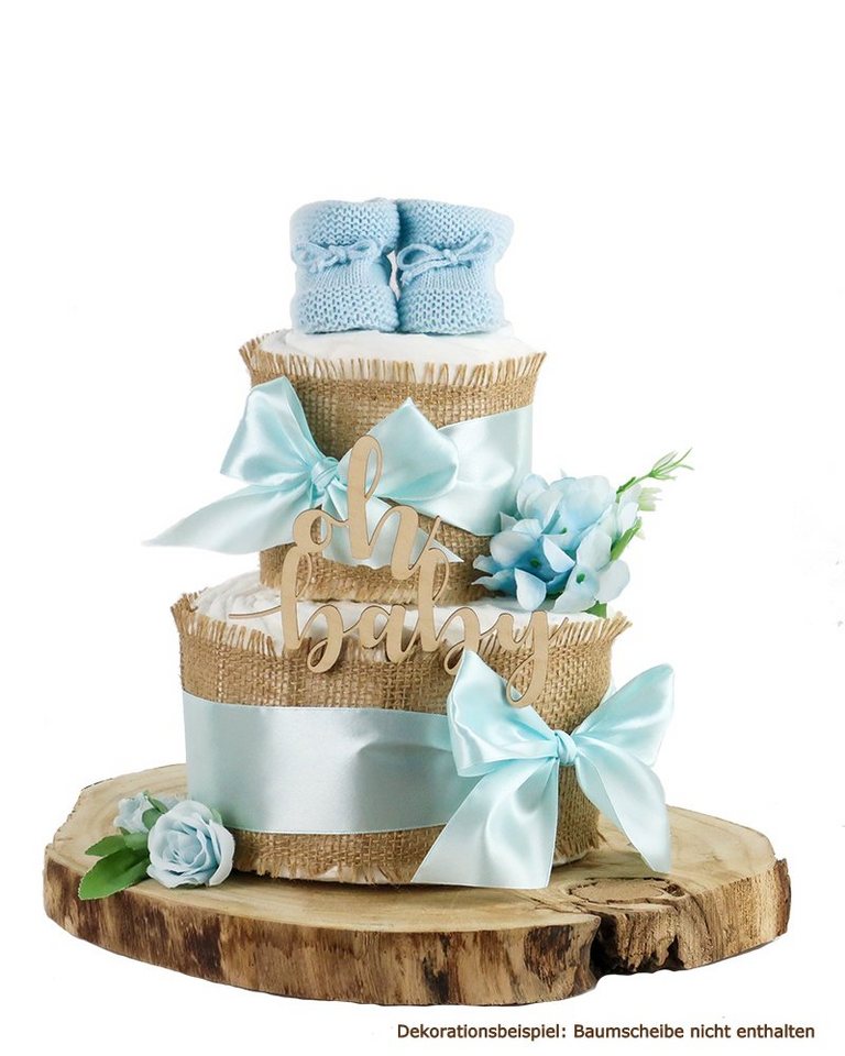 dubistda-WINDELTORTEN- Neugeborenen-Geschenkset Windeltorte ALLES JUTE mit "Oh Baby"-Holz Caketopper und Baby Booties von dubistda-WINDELTORTEN-