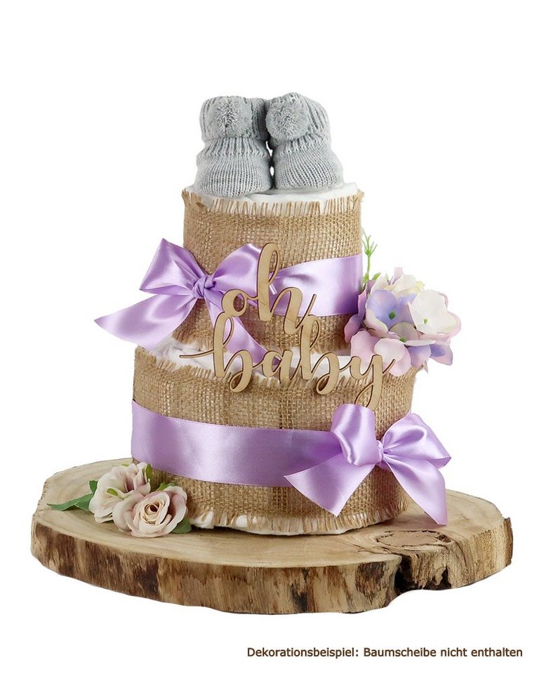 dubistda-WINDELTORTEN- Neugeborenen-Geschenkset Windeltorte ALLES JUTE mit "Oh Baby"-Holz Caketopper und Baby Booties von dubistda-WINDELTORTEN-