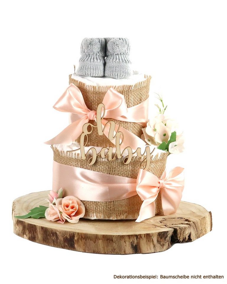 dubistda-WINDELTORTEN- Neugeborenen-Geschenkset Windeltorte ALLES JUTE mit "Oh Baby"-Holz Caketopper und Baby Booties von dubistda-WINDELTORTEN-