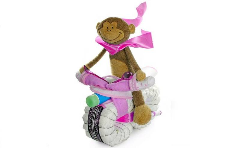 dubistda-WINDELTORTEN- Neugeborenen-Geschenkset Windeltorte Motorrad Schlenkeraffe Windelmotorrad von dubistda-WINDELTORTEN-