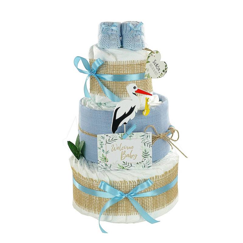 dubistda-WINDELTORTEN- Neugeborenen-Geschenkset Windeltorte Storch, zur Geburt (mit Storch Cake Topper, inkl. Babybooties und Mullwindel) verschiedene Farben von dubistda-WINDELTORTEN-