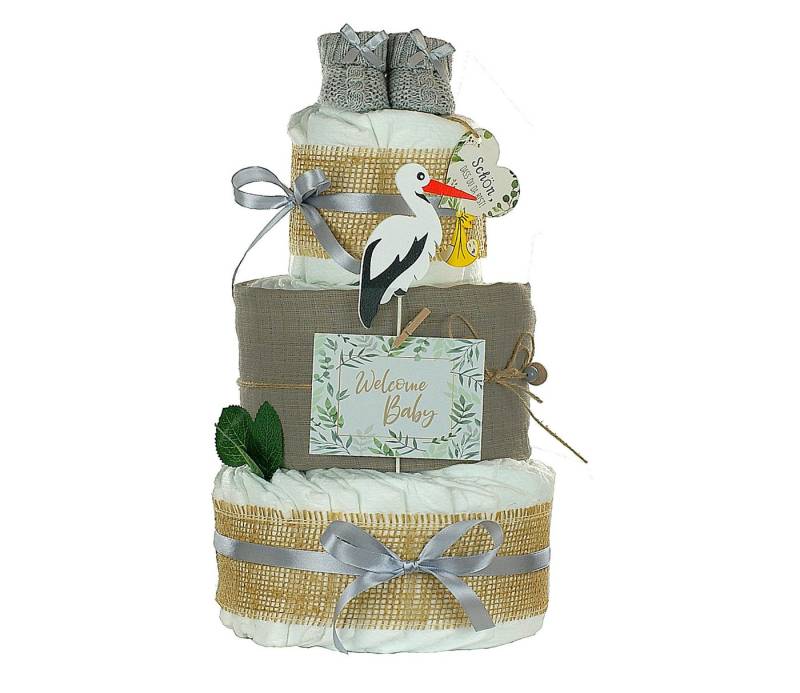 dubistda-WINDELTORTEN- Neugeborenen-Geschenkset Windeltorte Storch, zur Geburt (mit Storch Cake Topper, inkl. Babybooties und Mullwindel) verschiedene Farben von dubistda-WINDELTORTEN-