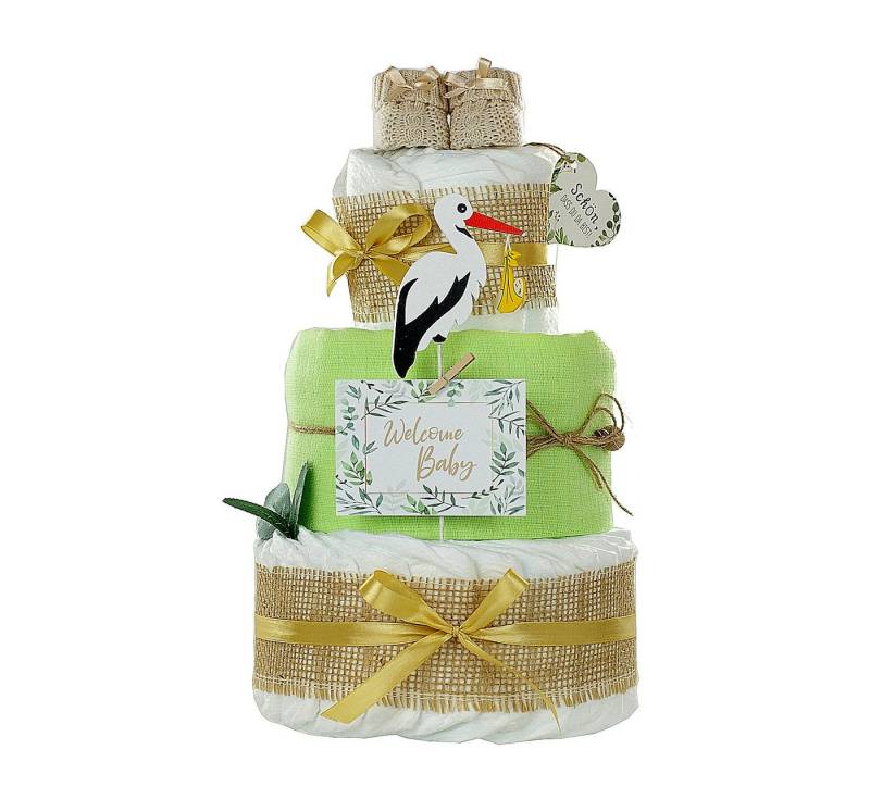 dubistda-WINDELTORTEN- Neugeborenen-Geschenkset Windeltorte Storch, zur Geburt (mit Storch Cake Topper, inkl. Babybooties und Mullwindel) verschiedene Farben von dubistda-WINDELTORTEN-