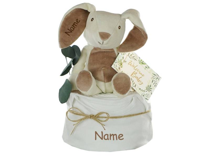 dubistda-WINDELTORTEN- Neugeborenen-Geschenkset Windeltorte neutral, KUSCHELHASE, personalisierbar mit Name (Geschenk zur Geburt mit Name, Premium) von dubistda-WINDELTORTEN-