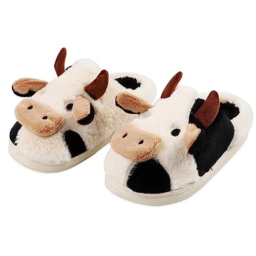 dubuto Jungen Mädchen Winter Warm Kuh Hausschuhe Rutschfeste Cow Slippers Plüsch Pantoffeln Tiere Niedliche Cartoon Hauspantoffeln Cozy Kuh Hausschuhe für Damen Herren von dubuto