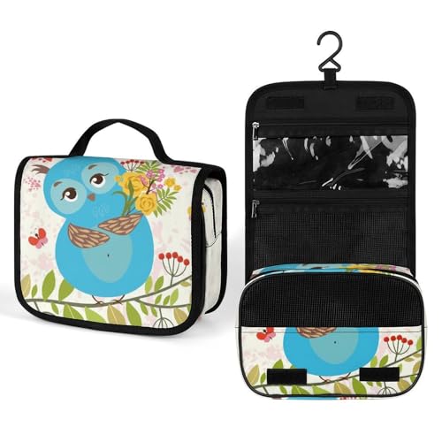 Make-up-Tasche, personalisierte Kosmetiktasche für Damen, Cartoon-Eule mit Blumen, 22.5(fold)/41(unfold)L x 7W x 18.5H cm, Kulturbeutel von ducanll