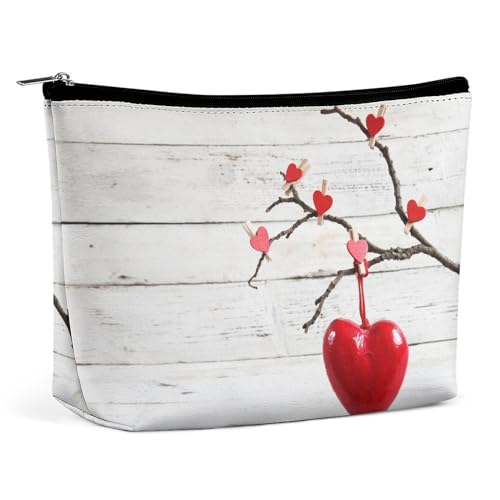 Make-up-Tasche, personalisierte Kosmetiktasche für Damen, Weiße Holzplatte Love Cherry, 7.3cm L x 15cm W x 5.9cm H, Kosmetiktasche von ducanll