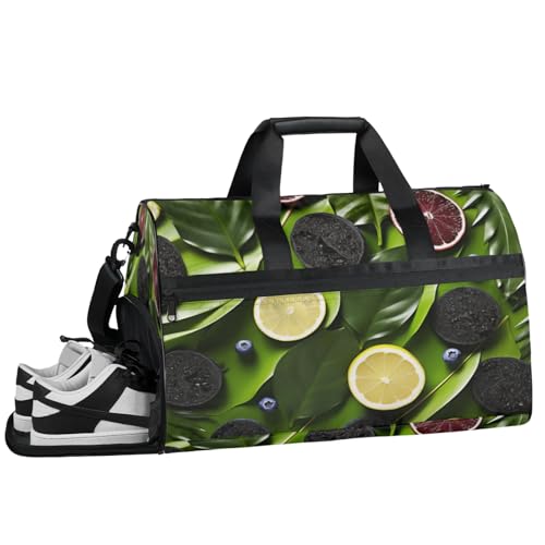 ducanll Sporttasche mit Fruchtblatt-Motiv, wasserdicht, mit Zitronenstruktur, Reisetasche, Wochenendtasche für Männer und Frauen, Übernachtungstasche mit Schuhfach, Zitronenstruktur, 19.7 x 13.8 x 9.9 von ducanll