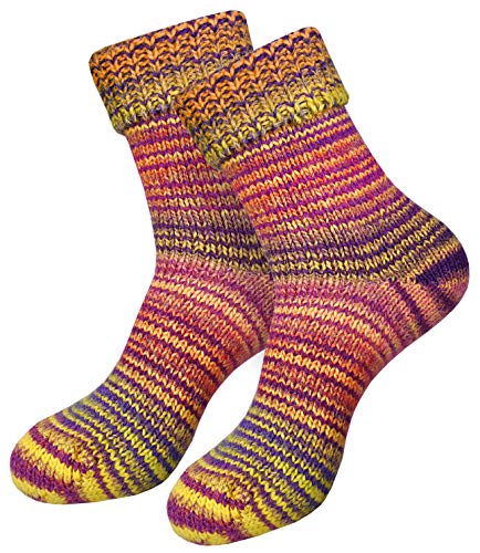 dunaro 2 Paar gestrickte Norweger-Socken Wollsocken Wintersocken kuschelig warm Damen Herren (2 Paar / 35-38 Gelb-Lila) von dunaro