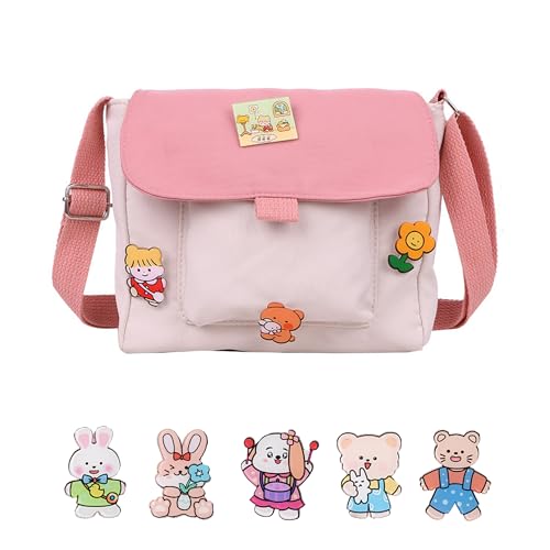 douyif Mädchen Umhängetasche Canvas Umhängetasche Mit 9Pcs Brosche Verstellbare Schultertasche Crossbody Tasche Mädchen Süße Messenger Taschen für Kinder Reisen Camping 20X20X5cm (Rosa) von duoyif