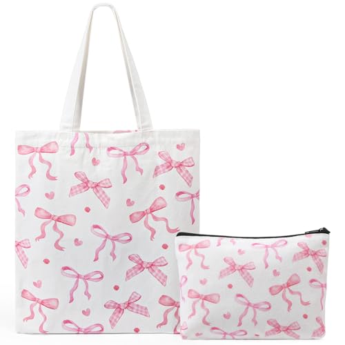 dusaniyali Bow Tote Bag Aesthetic Stuff Kosmetiktasche Umhängetasche Canvas Tasche Shopper Einkaufstasche Stoffbeutel Bedruckt Damen Geschenk für Mama Ehefrau Mutter Tante Lehrer Kollege von dusaniyali