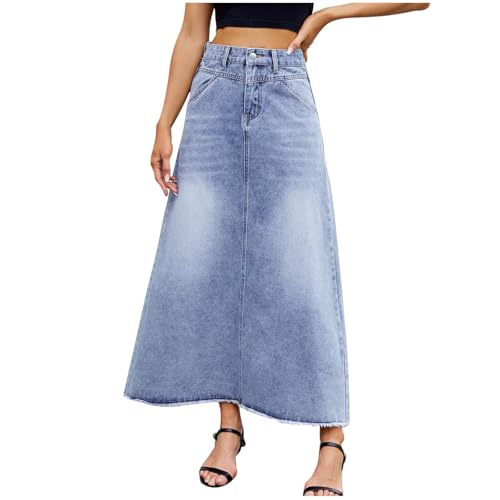 duxyoz Damen Denim Maxi Rock, Elastische Taille Lässig A-Linie Jeans Röcke Mit Taschen Sommer Denim Knöchel Länge Damen Lange Röcke In Voller Länge Vintage Jeans Rock Mit Raw Edges von duxyoz