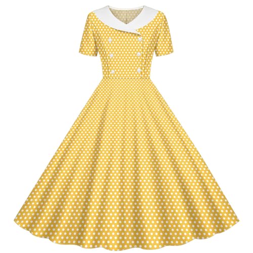 duxyoz Mädchen Kleid Sommer Vintage 1950er Rockabilly Swing Kleid Retro Hepburn Stil Pinup Skater A-Linie Kleider Kurzarm Zweireiher Polka Dots Abend Party Ballkleider Ballkleid 5-14 Jahre, 01 gelb von duxyoz