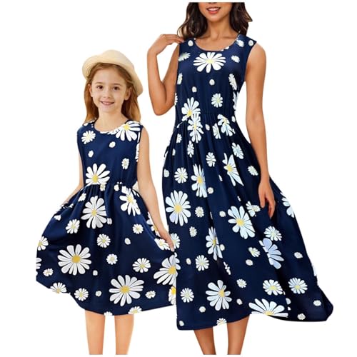 duxyoz Mommy and Me Kleider Mutter und Tochter Kleid Sommer ärmellos Boho Maxi Sommerkleid Familie passendes Kleid Blumendruck Casual Strand niedlich hawaiianische lange Kleider Urlaub Urlaub von duxyoz