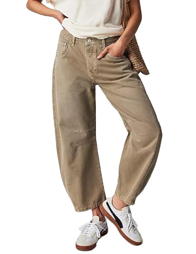 duzhengzhou Damen-Jeans mit weitem Bein, verkürzter mittlerer Taille, Ballon-Jeans, Vintage-Boyfriend-Denim-Hose, Y2k-lose Streetwear-Jeans(Beige,L) von duzhengzhou