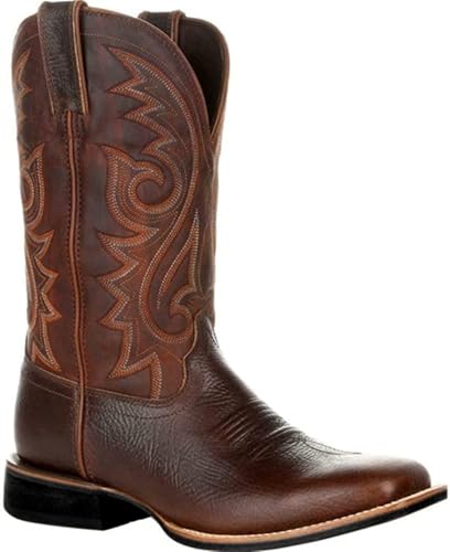 duzhengzhou Herren Cowboystiefel, breit, klassisch, Vintage, mittlere Wade, Westernstiefel, Stickerei, spitzer Zehenbereich, Blockabsatz, Schlupfstiefel, lange Stiefel(Brown,40) von duzhengzhou