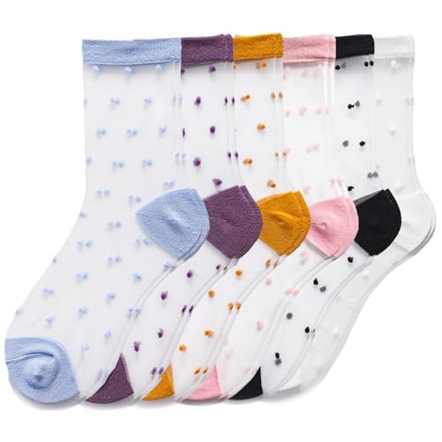 dxfiuyio 6 Paar durchsichtige Netzsocken für Damen, bunte Punkte, transparente Socken für Damen, ultradünn, durchsichtig, Spitze, Knöchelsocken für Damen, Mehrfarbig/Meereswellen (Ocean Tides), 37.5 von dxfiuyio