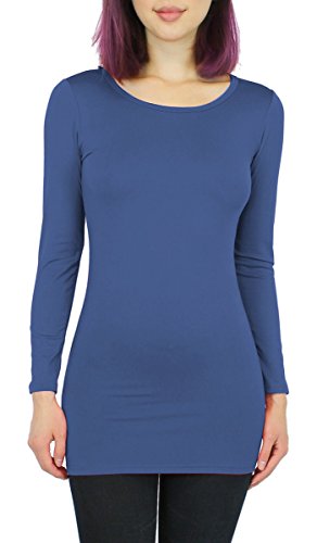 Basic Damen Langarmshirt Thermo Longshirt Frauen angeraut/Innenfutter Langarm T-Shirt Shirtkleid - 10 Farben - LD003 (S/M - 36/38, Jeansblau) von dy_mode