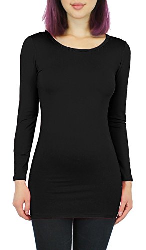 Basic Damen Langarmshirt Thermo Longshirt Frauen angeraut/Innenfutter Langarm T-Shirt Shirtkleid - 10 Farben - LD003 (S/M - 36/38, Schwarz) von dy_mode
