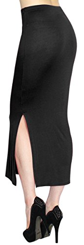 Bleistiftrock Damen High Waist Jersey Maxi Rock Langer Rock mit Schlitz - RD0022 (RD002-Schwarz) von dy_mode