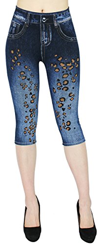 dy_mode Damen Capri Jeggings 3/4 Leggings in Jeans Optik - Gr.36/38/40 - CLG001 (3LG158-Leopard) von dy_mode