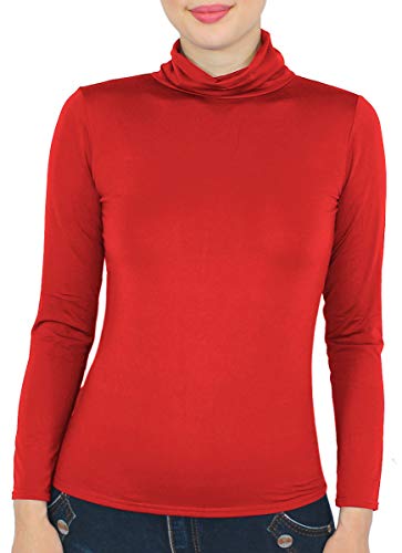 Damen Rollkragen Thermo Shirt Langarmshirt mit Innenfutter - LD007 (S/M, LD007-Rot) von dy_mode