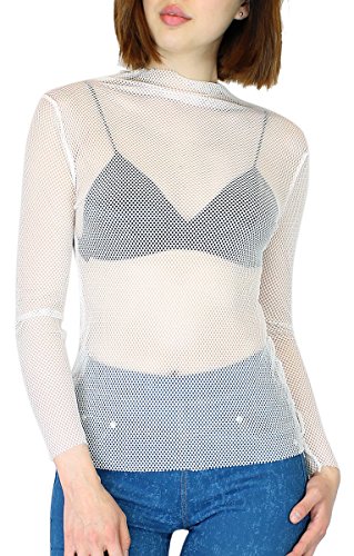 Damen Shirt Langarm Transparent Oberteil Durchsichtig Langarmshirt Netz - TS100-101 (S/M = 36/38, TS101-Weiß) von dy_mode