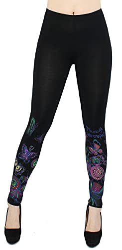 dy_mode Damen Sommer Bunte Leggings Treggings mit Blumenmuster Flower Print - YLG045-049 (Schwarz - YLG049) von dy_mode