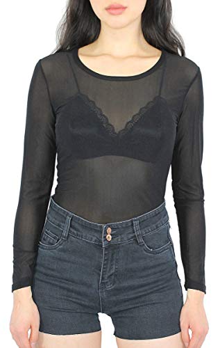 Transparentes Oberteil Damen Netz Shirt Langarmshirt Durchsichtig - TS100 (S/M/L = 36/38/40, TS100-Schwarz) von dy_mode