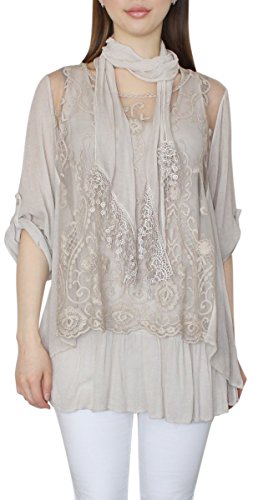 dy_mode 3-TLG. Damen Tunika Longshirt mit Unterkleid Spitzen und Volant Spitzenkleid/One Size Gr. 38-44 - TU016 (TU016-Hellbeige) von dy_mode