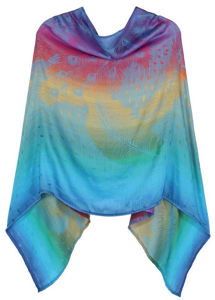 dy_mode Blusenponcho Regenbogen Farben Damen Poncho Leichtes Cape Bunter Blusenponcho in Regenbogen Farben, allover Print, Federn Muster von dy_mode