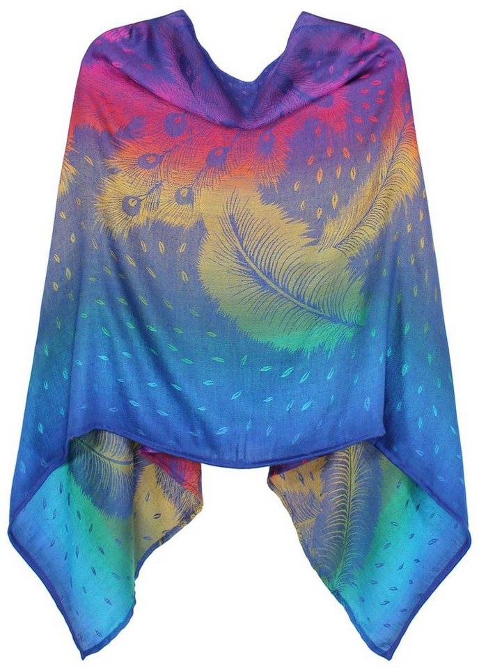 dy_mode Blusenponcho Regenbogen Farben Damen Poncho Leichtes Cape Bunter Blusenponcho in Regenbogen Farben, allover Print, Federn Muster von dy_mode