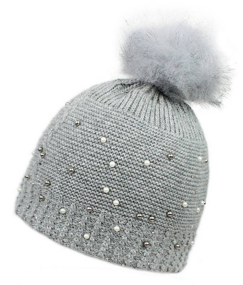 dy_mode Bommelmütze Damen Strickmütze mit Bommel, Glitzer & Kunstperlen warme Wintermütze mit Kunstperlen & Glitzer von dy_mode