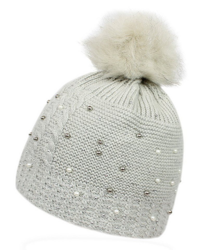 dy_mode Bommelmütze Damen Strickmütze mit Bommel, Glitzer & Kunstperlen warme Wintermütze mit Kunstperlen & Glitzer von dy_mode