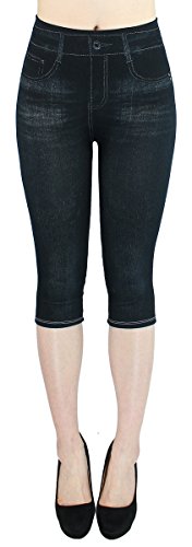 dy_mode Capri Leggings Damen 3/4 Frauen Leggings Jeans Optik - Kurze Sommer Leggings - CLG002 (3LG218-Schwarz | OneSize Gr.36-42) von dy_mode