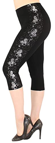 dy_mode Capri Leggings Damen 3/4 Leggins Schwarz mit Glanz Wet-Look Blumen Muster - 3LG460 (3LG469-SilberButterflies) von dy_mode