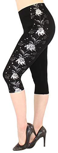 dy_mode Capri Leggings Damen 3/4 Leggins Schwarz mit Glanz Wet-Look Blumen Muster - 3LG460 (3LG470-SilberRoses) von dy_mode