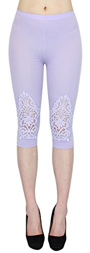 dy_mode Capri Leggings Damen 3/4 lang mit Blumen Häkel Muster Kurze Damen Leggings - One Size 34 bis 38-3LG113 (3LG113-Lavendel) von dy_mode