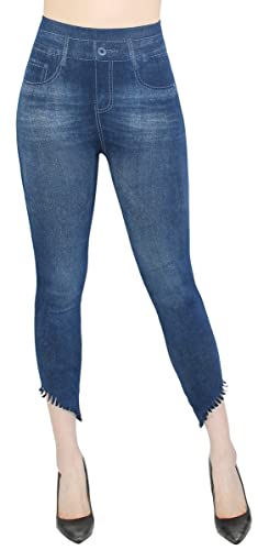 dy_mode Capri Leggings Damen 7/8 Jeggings Jeans Optik Leggins - CLG034-041 (7LGSchräg303-Blau) von dy_mode
