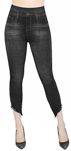 dy_mode Capri Leggings Damen 7/8 Jeggings Jeans Optik Leggins - CLG034-041 (7LGSchräg303-Schwarz) von dy_mode