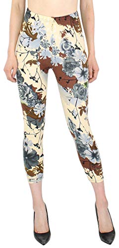 dy_mode Capri Leggings Damen 7/8 Kurze Leggings Geblümt - 7LG170 (7lg170-CreamFlowers, OneSize 36/38/40) von dy_mode