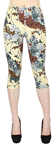 dy_mode Capri Leggings Damen in Blumen Muster Damen 3/4 Kurze Leggings Flower Print in One Size Gr. 36-42 - 3LG101-104 (One Size - Gr.36-42, 3LG103-Cream) von dy_mode