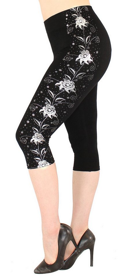 dy_mode Caprileggings Damen Capri Leggings 3/4 Sommerleggings mit Silber Glanz Muster mit elastischem Bund, High Waist von dy_mode