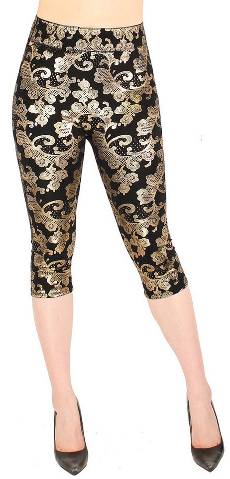 dy_mode Caprileggings Damen Capri Leggings 3/4 Sommerleggings mit goldfarbenem Glanzmuster mit elastischem Bund, High Waist von dy_mode