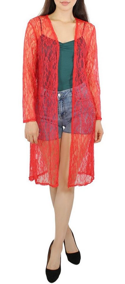 dy_mode Cardigan Damen Long Cardigan in Spitzenmuster Langarm Sommerjacke Durchsichtig in Unifarben von dy_mode