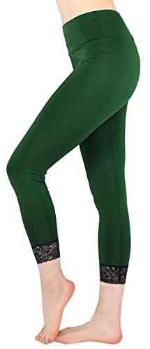 dy_mode Damen 3/4 Capri Leggings Jeggings Unifarbe Leggins Mit Spitze - CLG027 (7LG156-Tiefgrün) von dy_mode